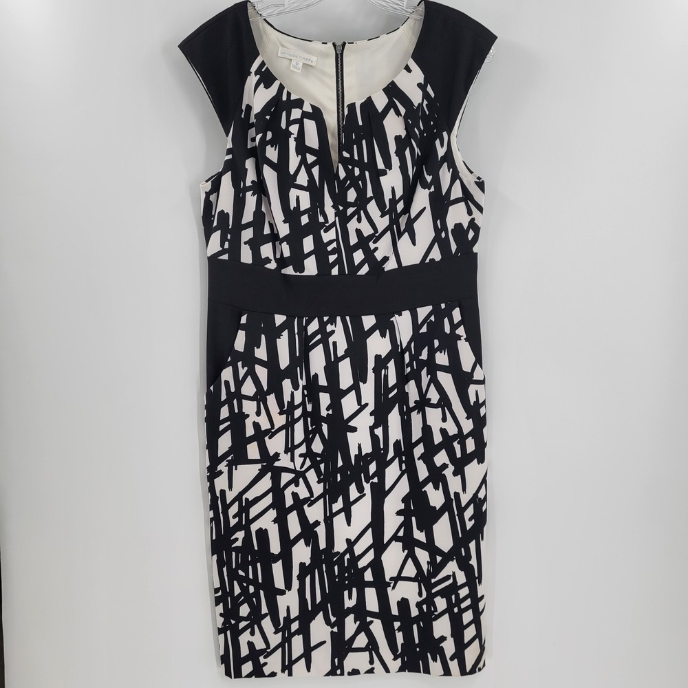 London Times Dress Knee Length Sz 12 Abstract Print. Black &‎ White, Cap Sleeve